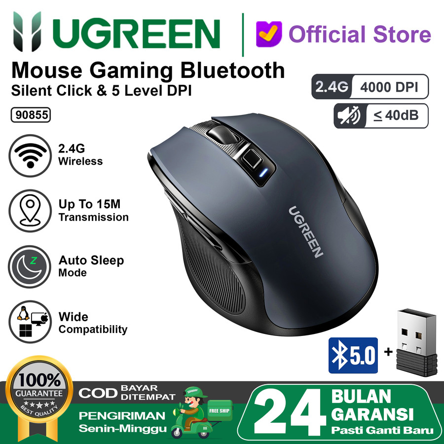 Mouse Wireless Bluetooth UGREEN 2.4GHz Silent Klik 5Level 1000-4000DPI - 25160 BT+DONGLE