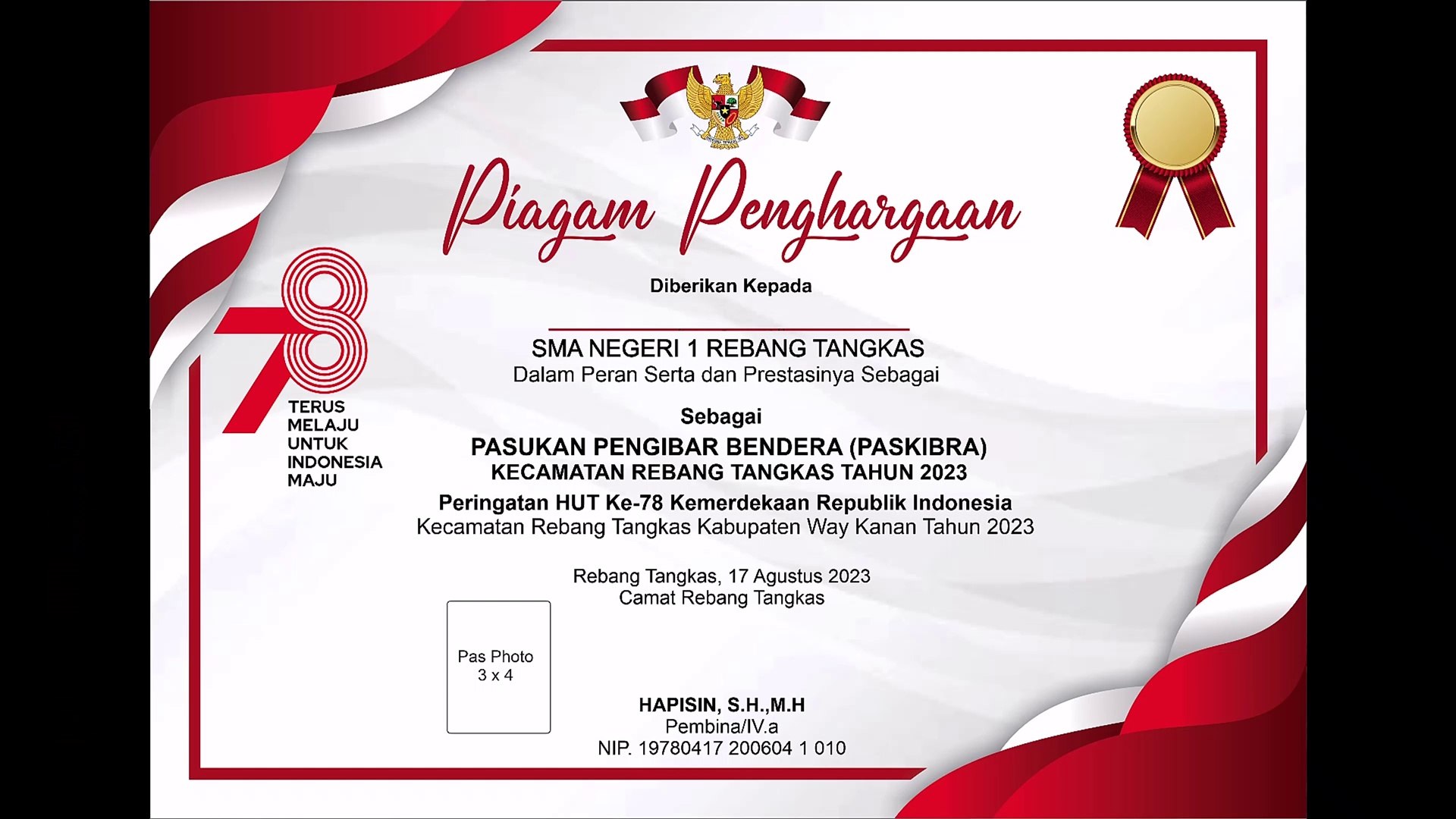 SERTIFIKAT PENGHARGAAN PASKIBRAKA