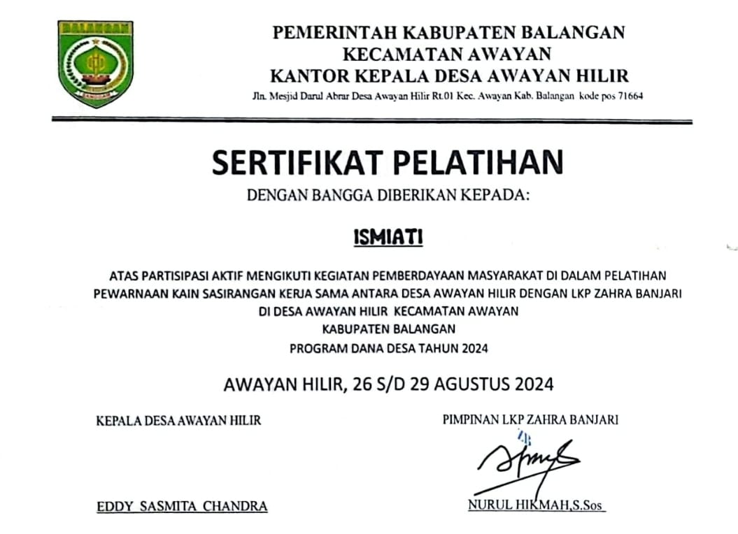 Cetak Piagam/Sertifikat Pelatihan