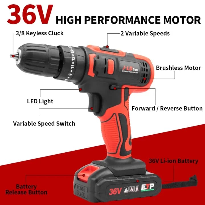 Mesin Bor Baterai Cas Komplit 36VF Bor impact 10mm Nesin Bor Tangan Bor Listrik Murah Bor Cordless Dual Speed Bor Bolak Balik/Beton Besi Bor kayu