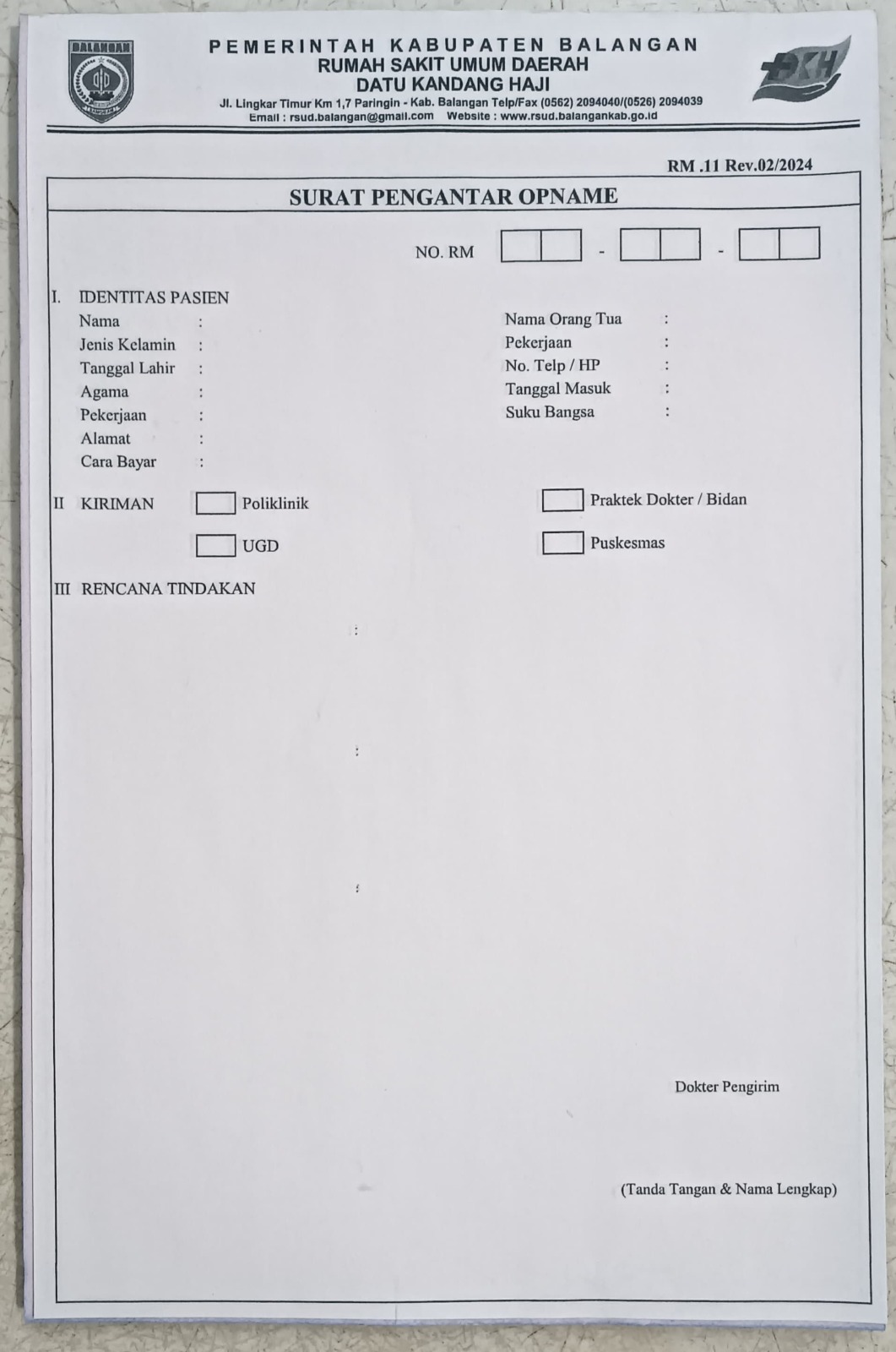 Surat Pengantar Opname