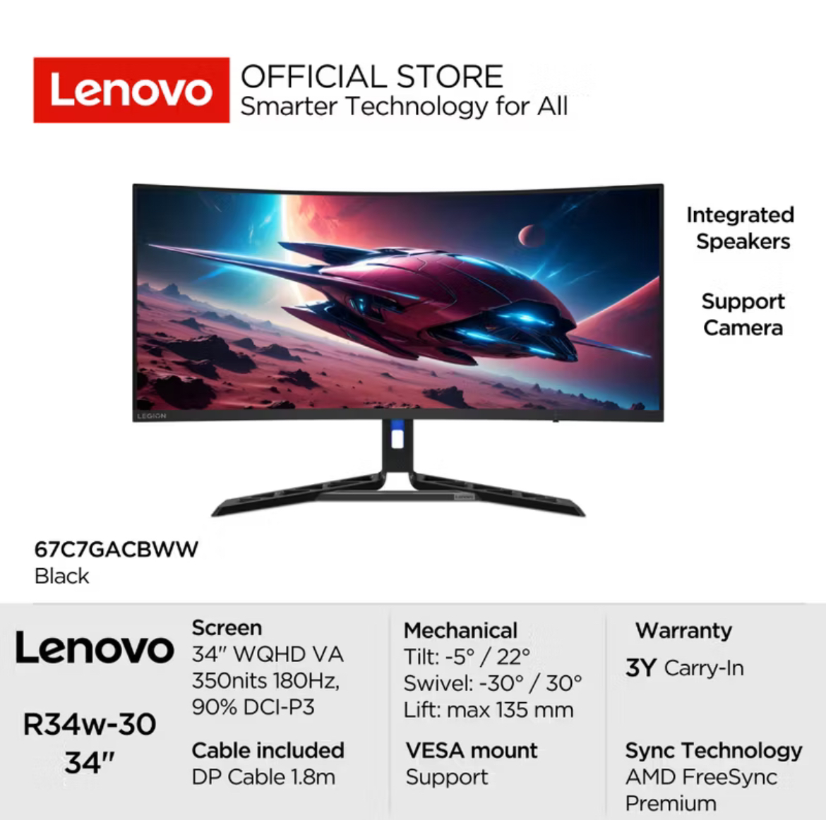 Lenovo Gaming Monitor R34w-30 WLED Ultra-Wide Curve 1500R 