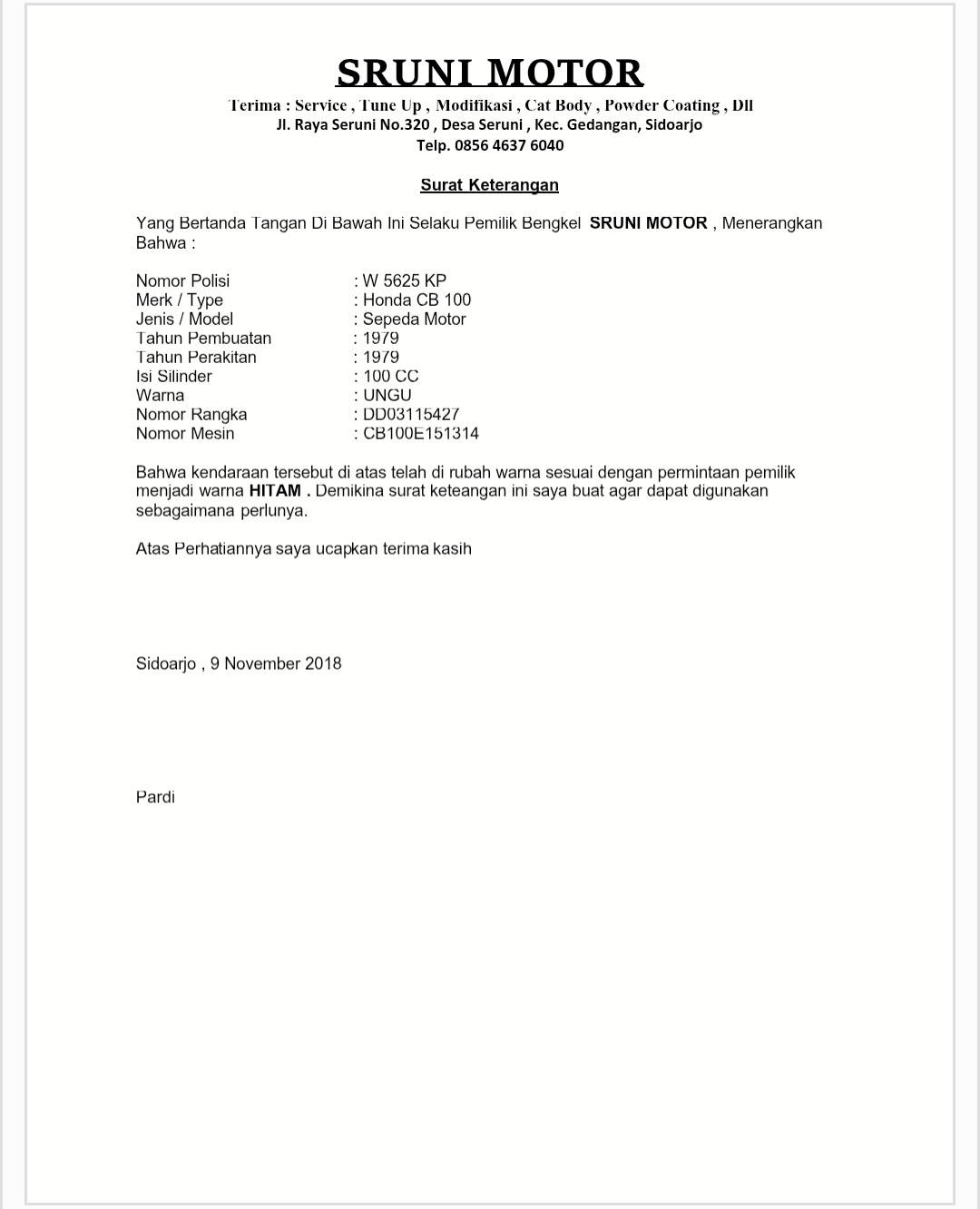 Cetak Blanko Keterangan Modifikasi Kendaraan