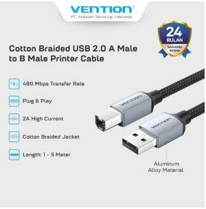 (Kabel Printer) Vention Kabel Data USB A Male to Type B Male Printer Braided Kuat - CTT -